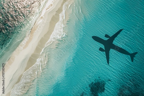 Top-down view captures the shadow of an airplane as it glides over a tropical beach, where waves gently lap the shimmering sand