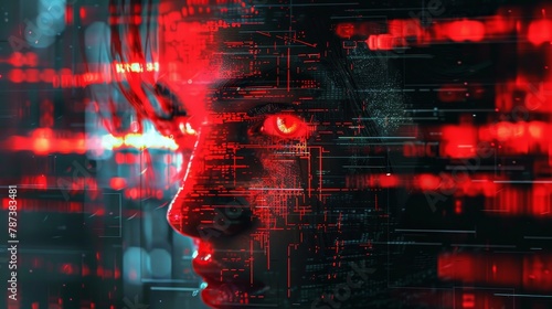 A close up of a face with a red background. The face is distorted and blurry, giving it a futuristic and otherworldly appearance. The red background adds to the sense of mystery and intrigue