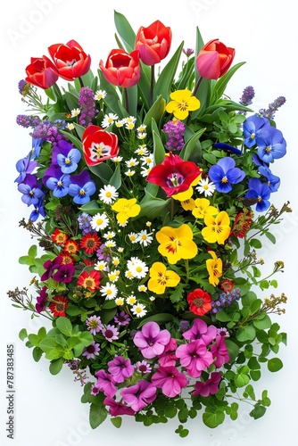 Flower Bed A mix of topview flowers such as tulips, daisies, and petunias can add color and variety to any garden plan, isolated white background