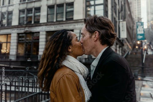 Diverse couple sharing a tender moment on a city street. Interracial young couple in love embracing on a city street, showcasing diversity and urban romance © losmostachos