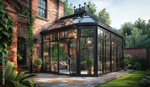  An elegant black and glass greenhouse with traditional Victorian architecture, situated in the backyard of an old mansion. Created with Ai