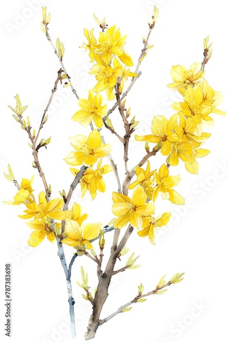Forsythia shrub in watercolor, side view on white, perfect for garden elevations © Stone Story