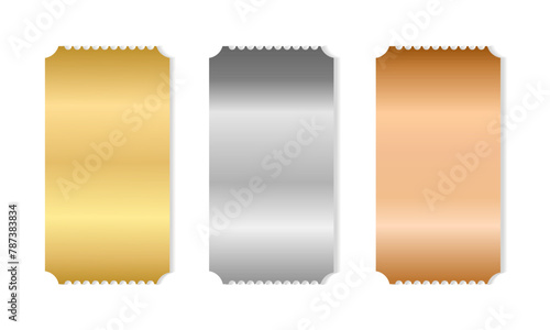 Gold, silver and bronze ticket and coupon template.Set of metallic mockups with golden, silver and bronze gradient. Metal textured vouchers set for sale,party,event.Vector illustration EPS 10