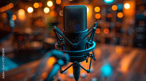 microphone with blurred background on blue wall  vintage microphone on stage with lamp lighting  in uhd image style  bokeh panorama.