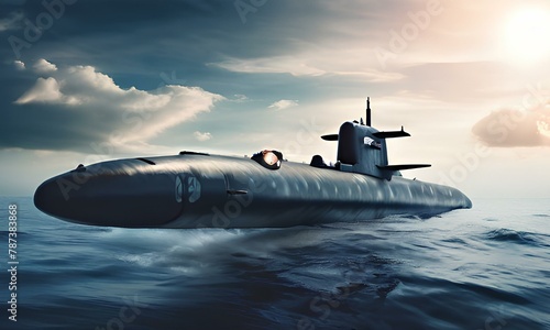Generic military nuclear submarine floating in the middle of the ocean with a fighter jet in the background. photo