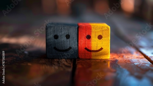 Mental health and emotional state, Smile face in bright side and sad face in dark side on wooden block cube for positive mindset selection, expression, mask, bipolar, generate by AI