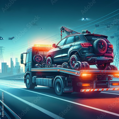 generic unidentifiable car loaded on a towing or recovery breakdown truck driving on the highway for repairing. photo