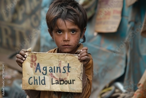 a young dirty looking child working holding a sign that says "Against Child Labour" 