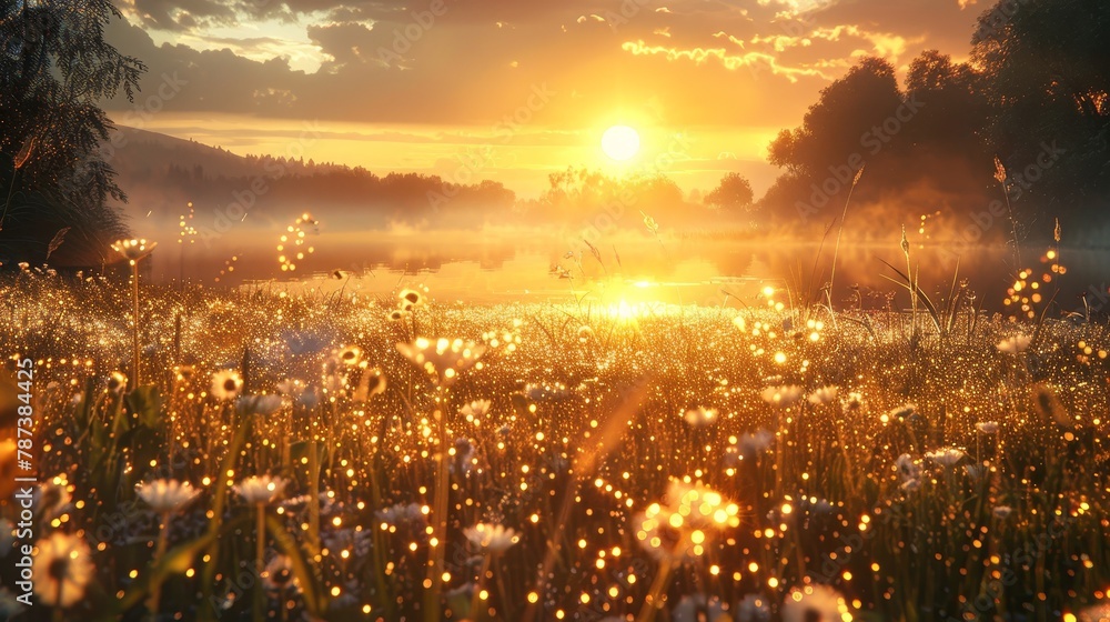 A field of flowers with a sun in the sky A field of flowers with a sun in the sky