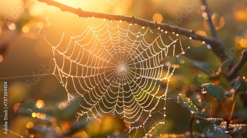 A spider web is shown in the image, with a sun shining on it. The web is very intricate and has a lot of detail, making it look like a work of art