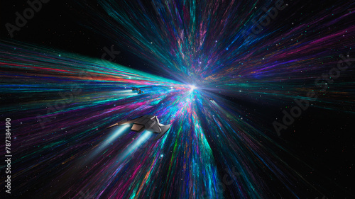 Spaceship flying on perspective colorful nebula. Speed, travel illustration, 3D rendering