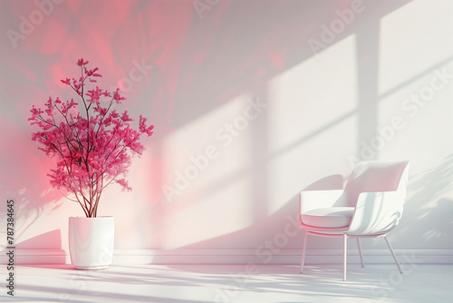 Bright empty interior with chair and pink plants. Minimalist background, clean white wall. Sunlight window shadow.