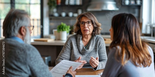 Mature couple consults with financial advisor at home. Older couple attentively discusses financial plans with a female advisor at their kitchen table