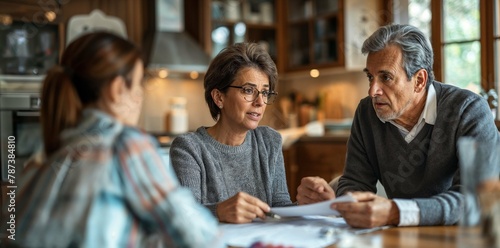 Mature couple consults with financial advisor at home. Older couple attentively discusses financial plans with a female advisor at their kitchen table photo