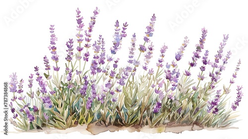 Lavender bush painted in watercolor  side profile on white  for exterior design use