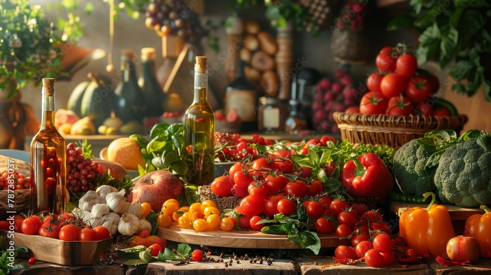 A table full of fresh vegetables and fruits, including tomatoes, broccoli, and garlic. The table is set with a variety of items, including bottles of oil and wine, and a basket of tomatoes