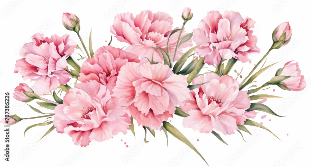 Bouquet of watercolor carnations flowers . Floral background. For posters, greeting card, invitations.