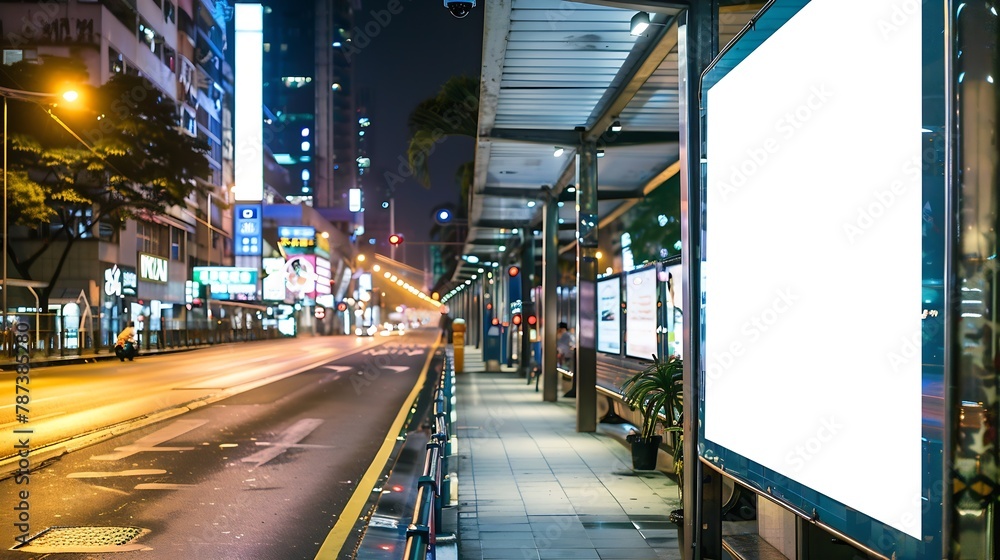 Obraz premium long led blank billboard white screen hang on high way road in city ad mockup copy space for advertising banner near bus stop in metropolis : Generative AI