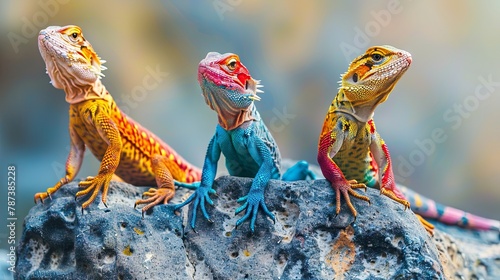 Vibrant bearded dragons basking on a rock photo