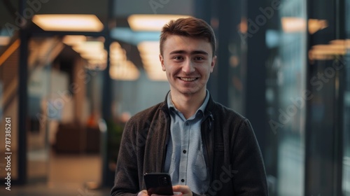 Smiling Man Holding Smartphone