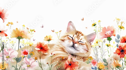 Blissful cat surrounded by colorful watercolor flowers