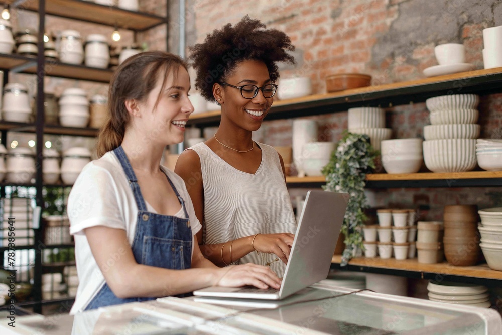 Joyful ceramic artists with laptop in pottery shop. Two smiling female ceramists using a laptop in their cozy ceramics store Joyful ceramic artists with laptop in pottery shop. Two smiling female ceramists using a laptop in their cozy ceramics store