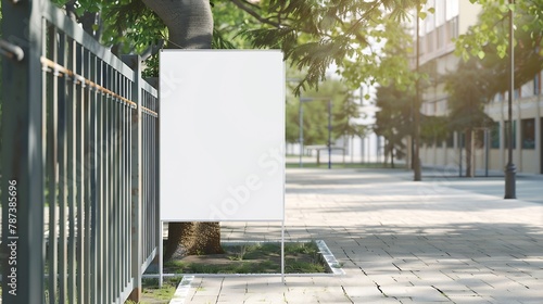 large blank white poster with mockup space hanging on metal fence of play ground outside : Generative AI photo