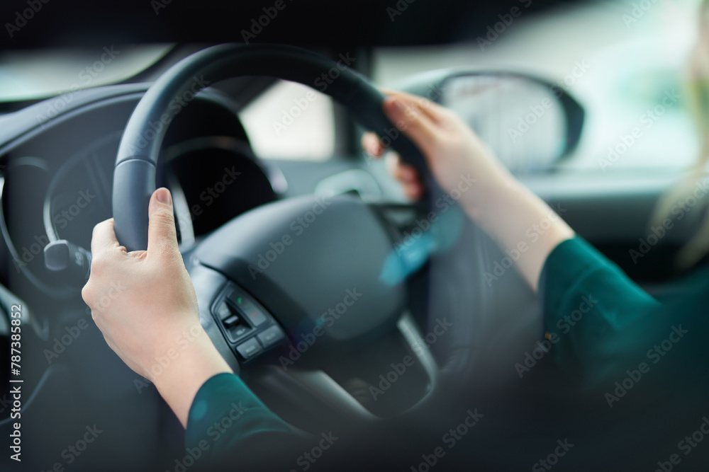 Hands, travel and driving car with steering wheel for vacation, holiday or trip in motor vehicle. Closeup, dashboard and person in transport on journey for adventure, commute or speed in automobile