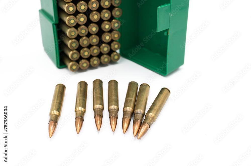 Detail of some war rifle bullets caliber 30-06 Springfield or 7.62x63mm