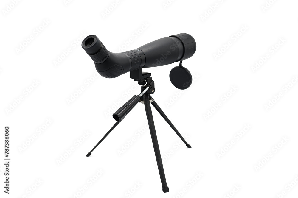Rear view of small, lightweight spotting scope mounted on tripod. Used to view the dianba at the shooting range Rear view of small, lightweight spotting scope mounted on tripod. Used to view the dianba at the shooting range