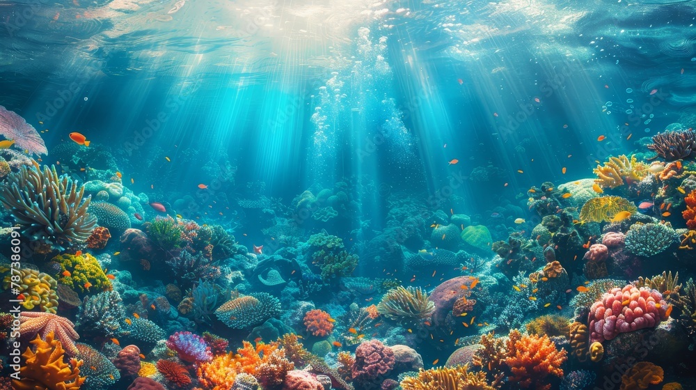 Fototapeta premium A beautiful underwater scene with a variety of colorful fish and coral. The sunlight is shining through the water, creating a serene and peaceful atmosphere