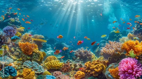 A colorful coral reef with many fish swimming around. The fish are of various colors, including orange, pink, and blue. The scene is bright and lively, with the sun shining down on the water © Sodapeaw