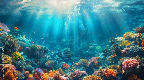A beautiful underwater scene with a variety of colorful fish and coral. The sunlight is shining through the water  creating a serene and peaceful atmosphere