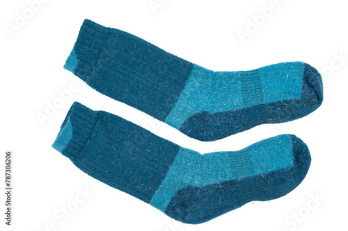 Detail of a pair of thick blue socks for winter. They are not wool, they are synthetic
