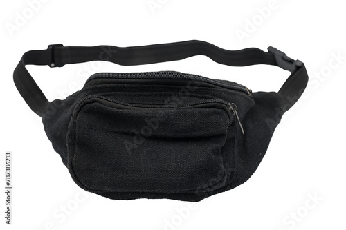 Detail of a black fanny pack on a white background. Basic and simple clothing