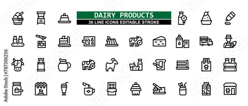 36 Dairy Product Line Icons Set Pack Editable Stroke Vector Illustration.