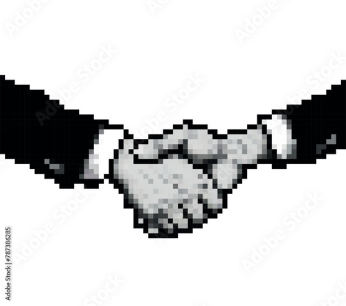 Pixel vector illustration - Two People in Formal Attire Shaking Hands Against a White Background