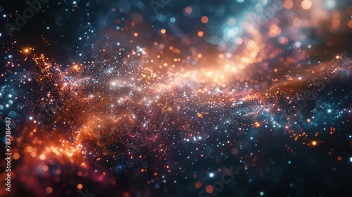 A bright orange and blue galaxy with many stars. The stars are scattered throughout the galaxy and are of different sizes. The galaxy is full of light and energy, giving it a sense of wonder