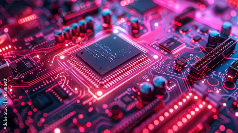 A computer chip is shown in a bright red color. The chip is surrounded by other electronic components, creating a vibrant and energetic atmosphere. Concept of excitement and innovation A computer chip is shown in a bright red color. The chip is surrounded by other electronic components, creating a vibrant and energetic atmosphere. Concept of excitement and innovation