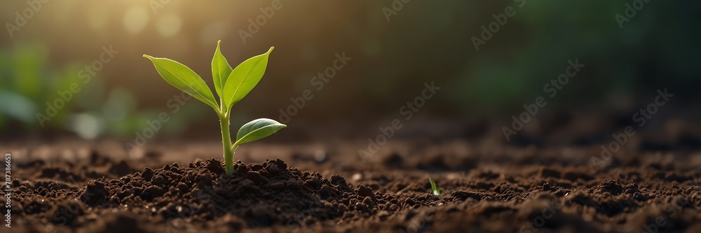 The seedlings grow from fertile soil and the morning sun shines. Green sprouts growing from seeds - obrazy, fototapety, plakaty 