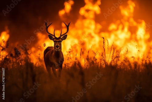 silhouette of a wild animal away from flames in a meadow during the twilight hours  