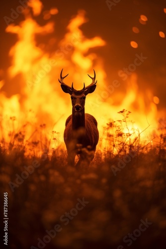 silhouette of a wild animal away from flames in a meadow during the twilight hours 
