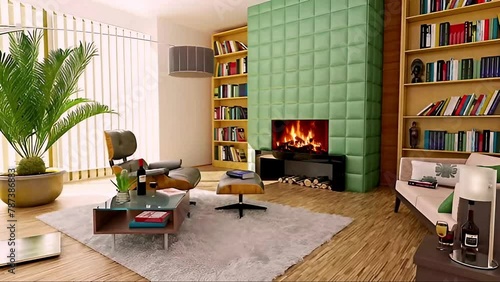 Interior of living room with green houseplants and sofas