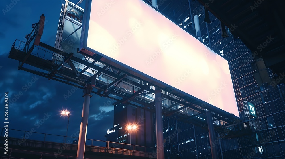 Fototapeta premium huge Billboard on the building in the night city night advertising ready layout for outdoor advertising : Generative AI