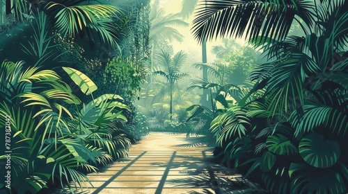 A lush jungle with a path through it. The path is surrounded by tall trees and plants  and the sunlight is shining through the leaves  creating a serene and peaceful atmosphere