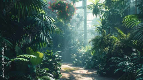 A lush jungle with a path through it. The path is surrounded by trees and plants  and there is a large window in the background