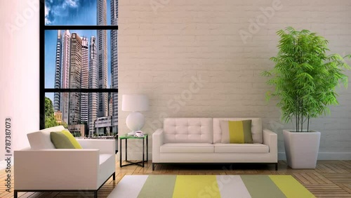 Interior of living room with green houseplants and sofas