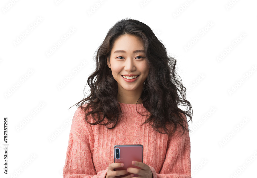 Beautiful young woman smiling while using mobile phone isolated on transparent background, PNG, cut out Beautiful young woman smiling while using mobile phone isolated on transparent background, PNG, cut out