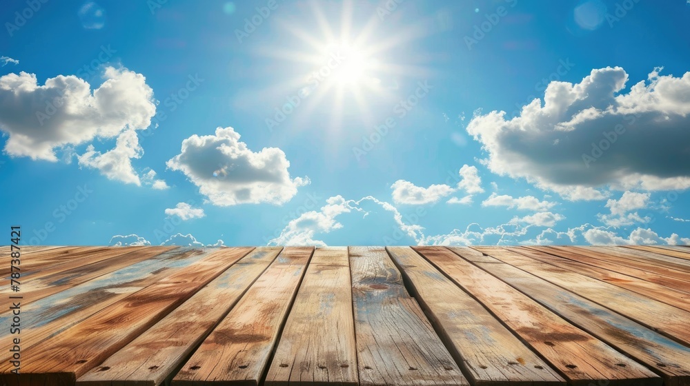 Wooden table top on empty with a sunny blue sky background Wooden table top on empty with a sunny blue sky background