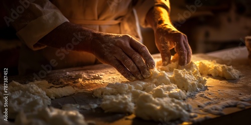 Warm, atmospheric shot of rustic hands carefully crafting artisanal dough in a traditionally styled kitchen photo